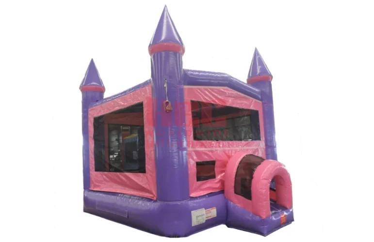 Pink and purple castle bounce house with turrets